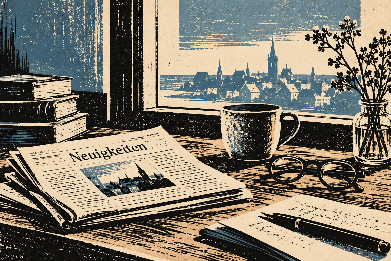Gemütliche Neuigkeiten am Fenster – Holzschnittillustration mit Zeitung und Kaffeetasse
